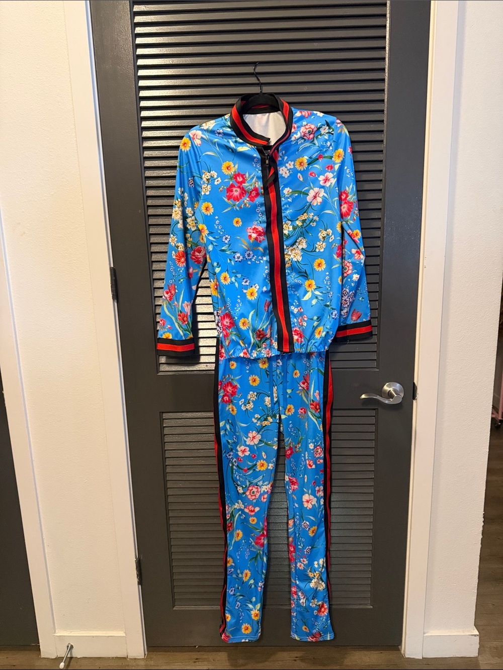 Woman’s Blue Floral track  Set with Red Trim